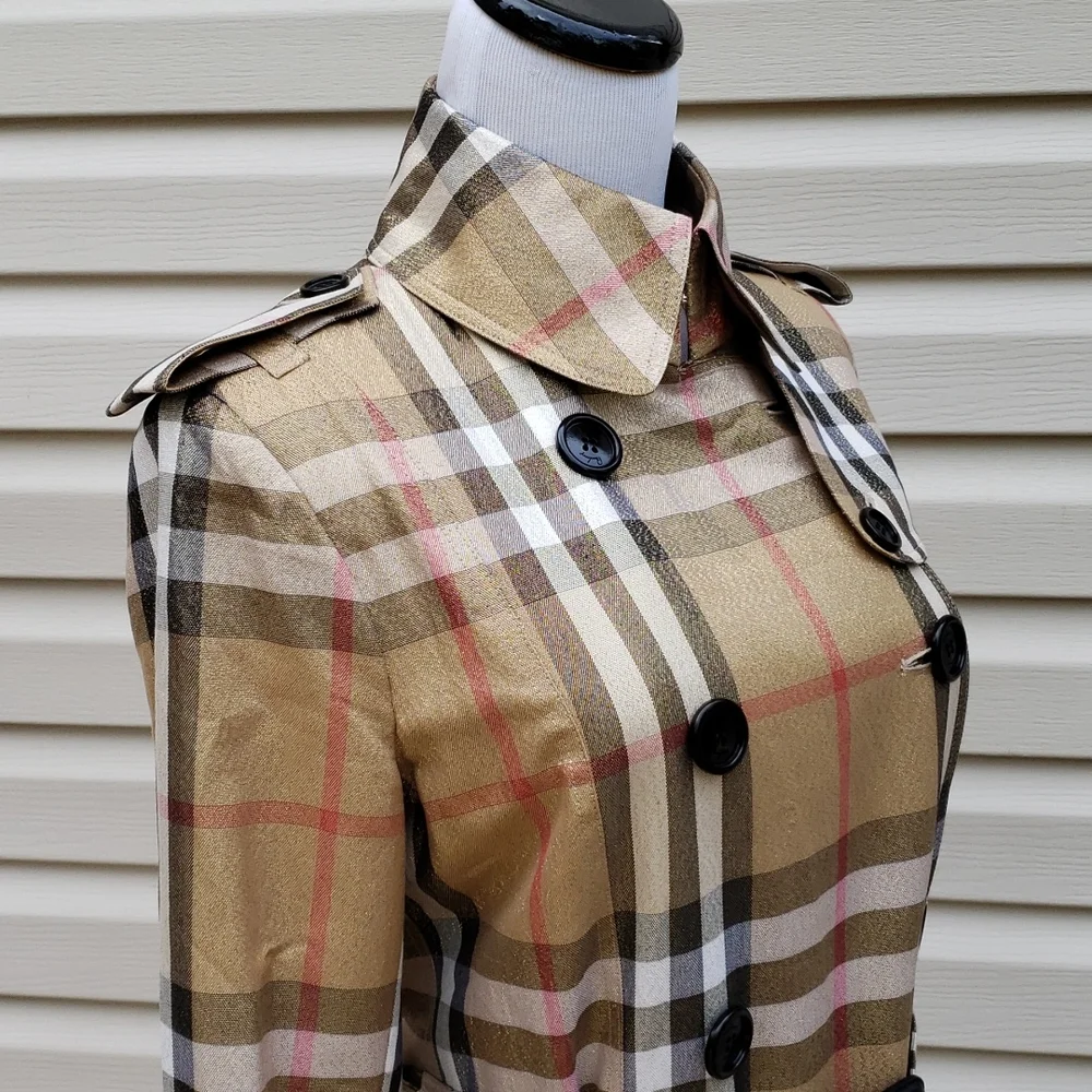 BURBERRY GOLD SHIMMER METALLIC CHECK PLAID TRENCH COAT - Picture 5 of 16